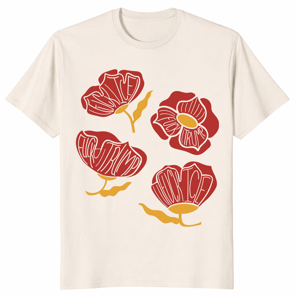 Floral FDT shirt on neutral background with red and gold poppy design