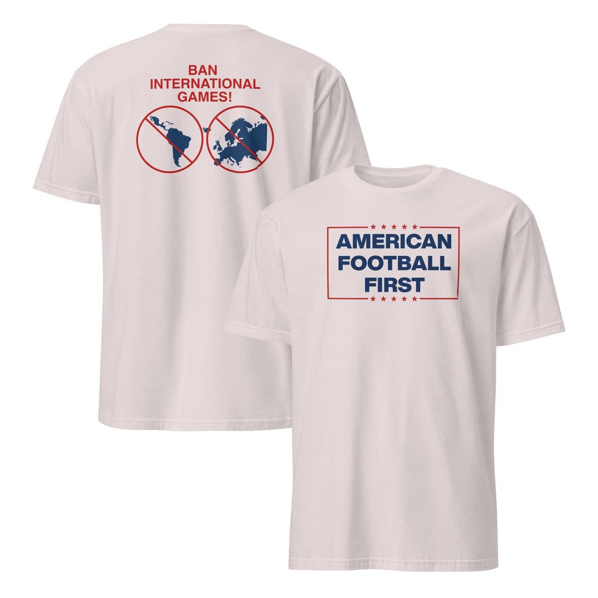 Two sided football shirt with American Football First front and Ban International Games back