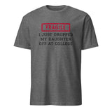 Graphite heather fragile shirt with college drop-off message by Cuccico