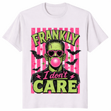 Frankly I Don't Care Frankenstein shirt in ice grey, pink bubble gum Halloween tee