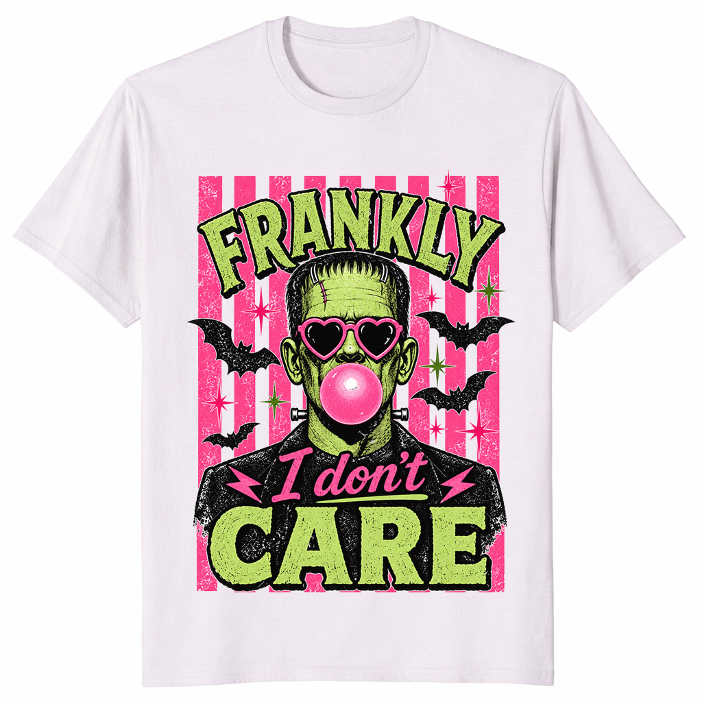 Frankly I Don't Care Frankenstein shirt in ice grey, pink bubble gum Halloween tee