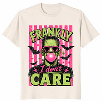 Frankly I Don't Care Frankenstein shirt in natural, pink bubble gum Halloween tee