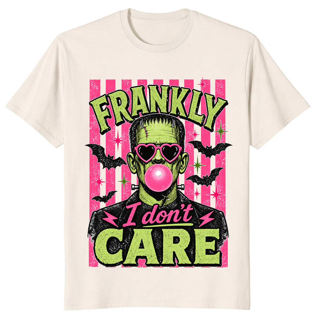 Frankly I Don't Care Frankenstein shirt in natural, pink bubble gum Halloween tee