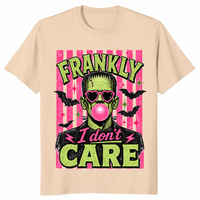 Frankly I Don't Care Frankenstein shirt in sand, pink bubble gum Halloween tee
