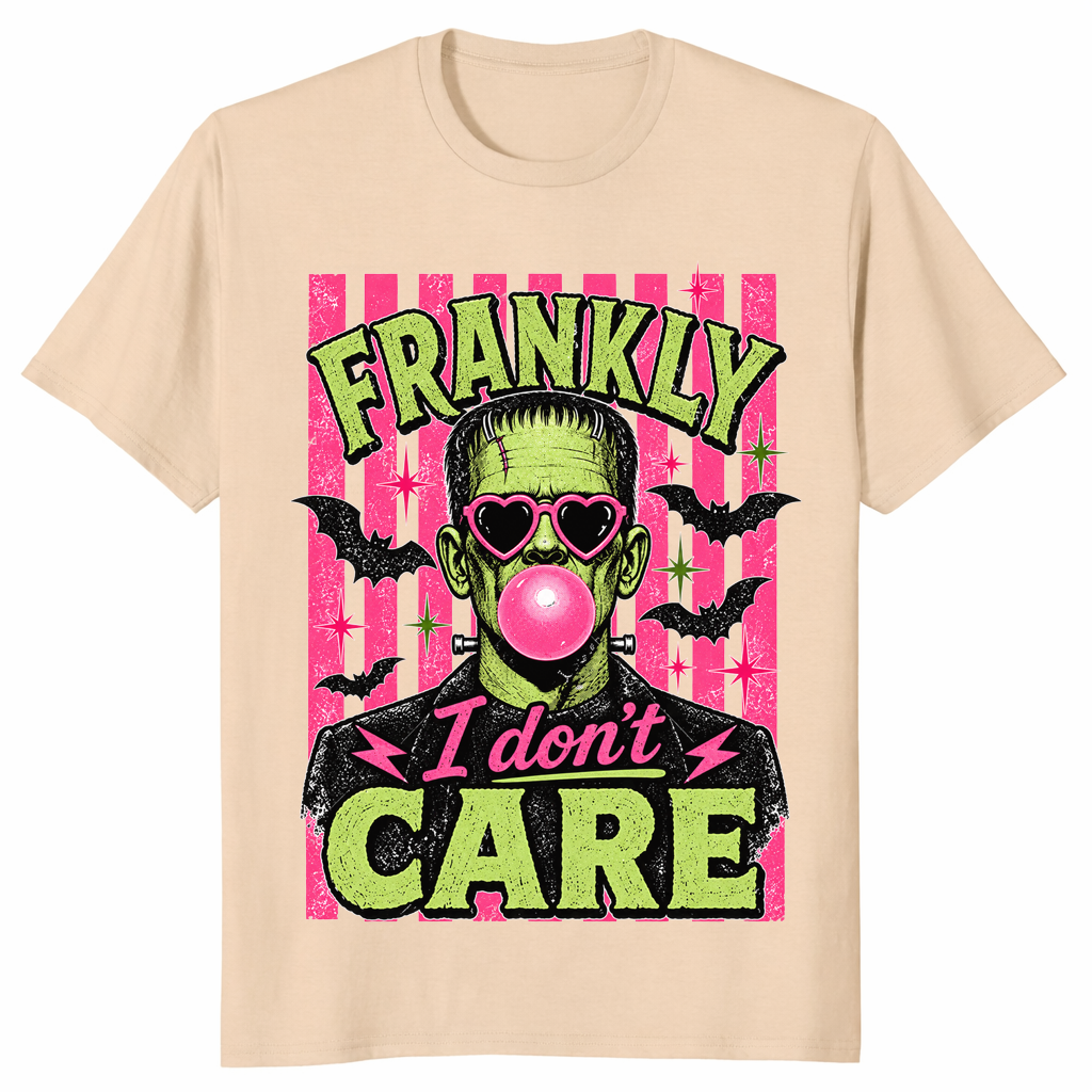 Frankly I Don't Care Frankenstein shirt in sand, pink bubble gum Halloween tee
