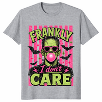 Frankly I Don't Care Frankenstein shirt in sport grey, pink bubble gum Halloween tee