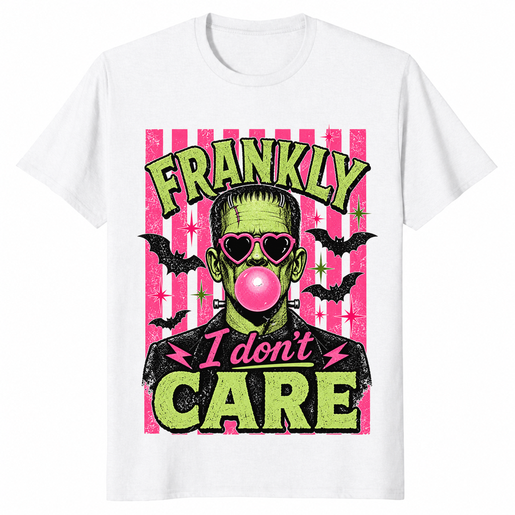 Frankly I Don't Care Frankenstein shirt in white, pink bubble gum Halloween tee