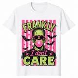 Frankly I Don't Care Frankenstein shirt in white, pink bubble gum Halloween tee