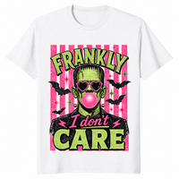 Frankly I Don't Care Frankenstein shirt in white, pink bubble gum Halloween tee