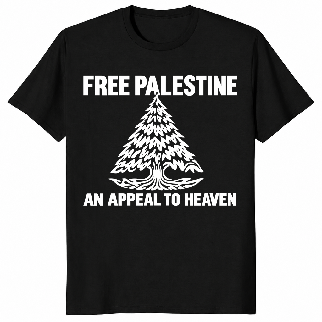 Free Palestine shirt in black with An Appeal To Heaven pine tree design