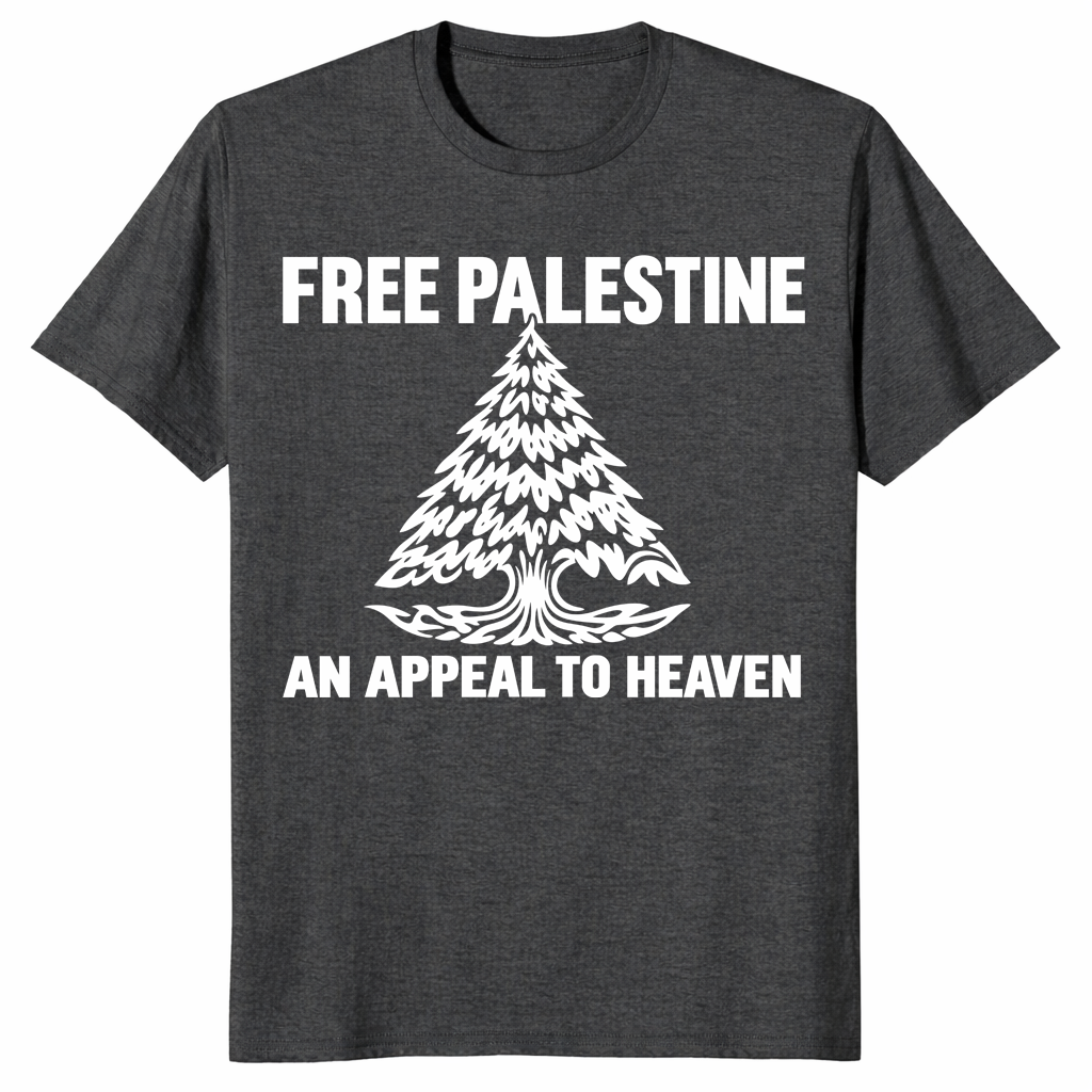 Free Palestine shirt in dark heather grey with An Appeal To Heaven pine tree design