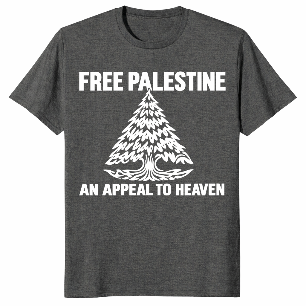 Free Palestine shirt in dark heather with An Appeal To Heaven pine tree design