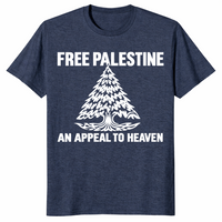 Free Palestine shirt in heather navy with An Appeal To Heaven pine tree design