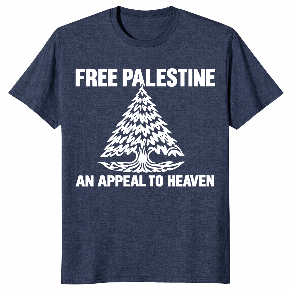Free Palestine shirt in heather navy with An Appeal To Heaven pine tree design