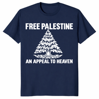 Free Palestine shirt in navy with An Appeal To Heaven pine tree design