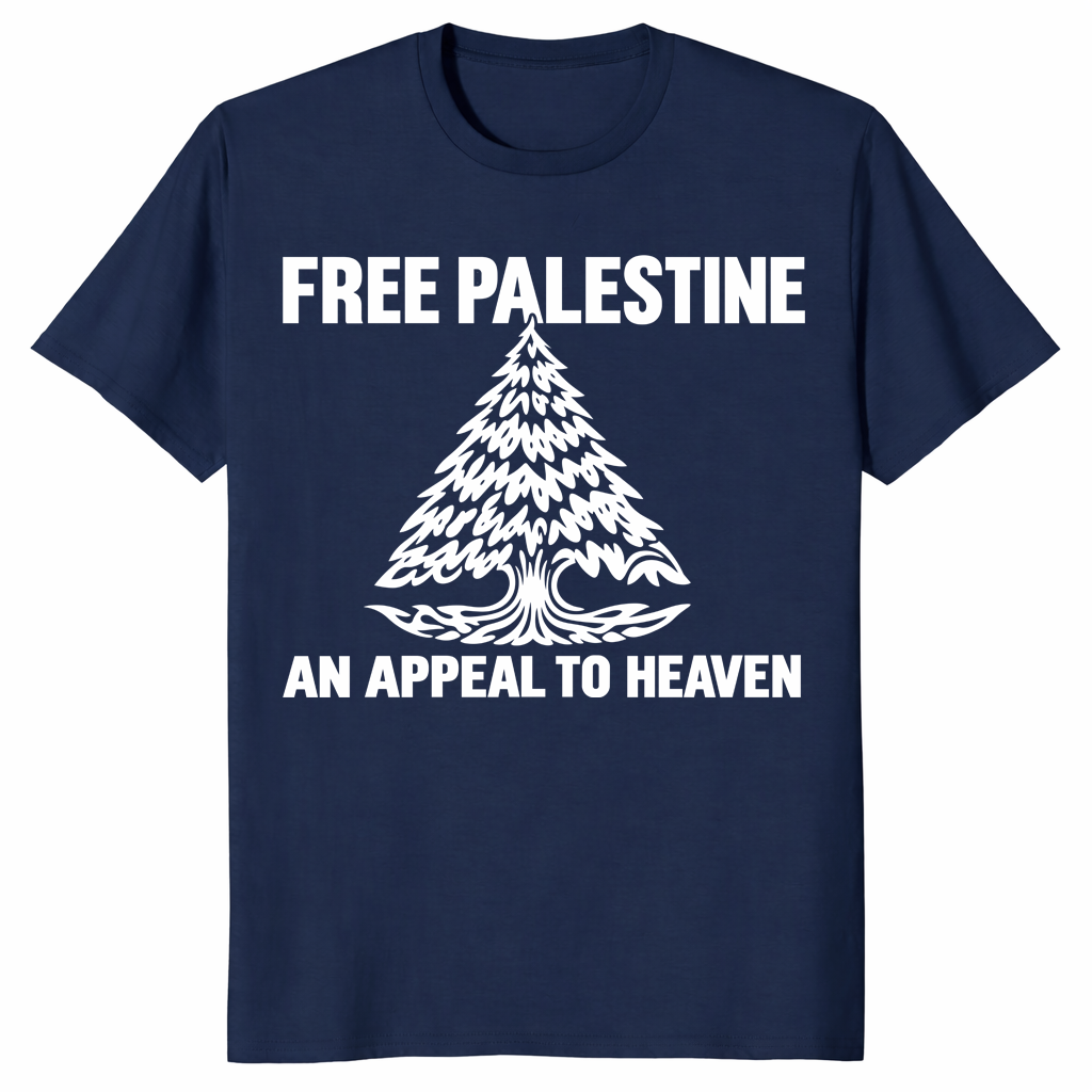 Free Palestine shirt in navy with An Appeal To Heaven pine tree design