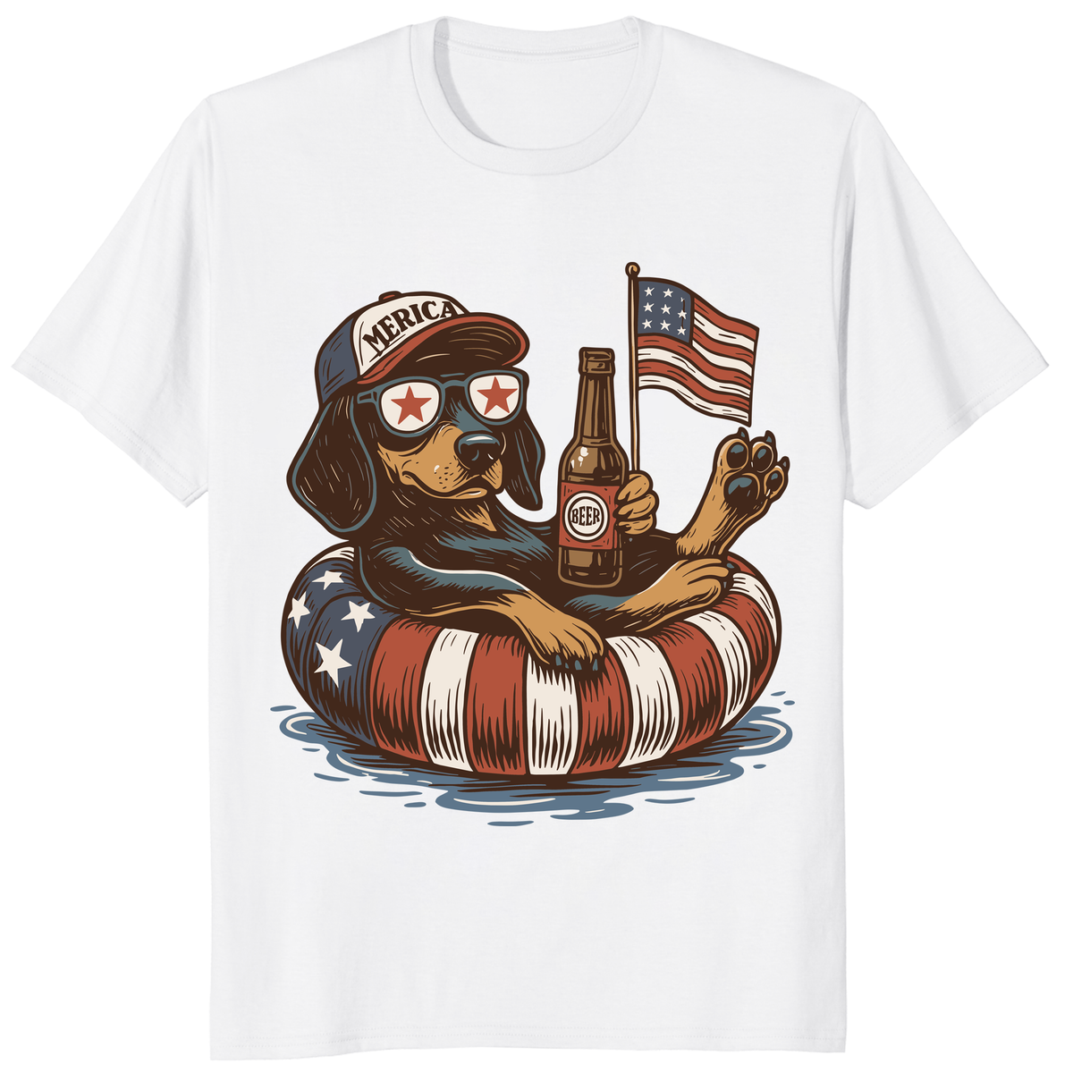 Funny 4th of July Dachshund T Shirt with patriotic wiener dog in float