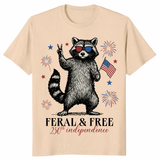 Funny 4th of July shirt with raccoon wearing patriotic glasses and holding American flag