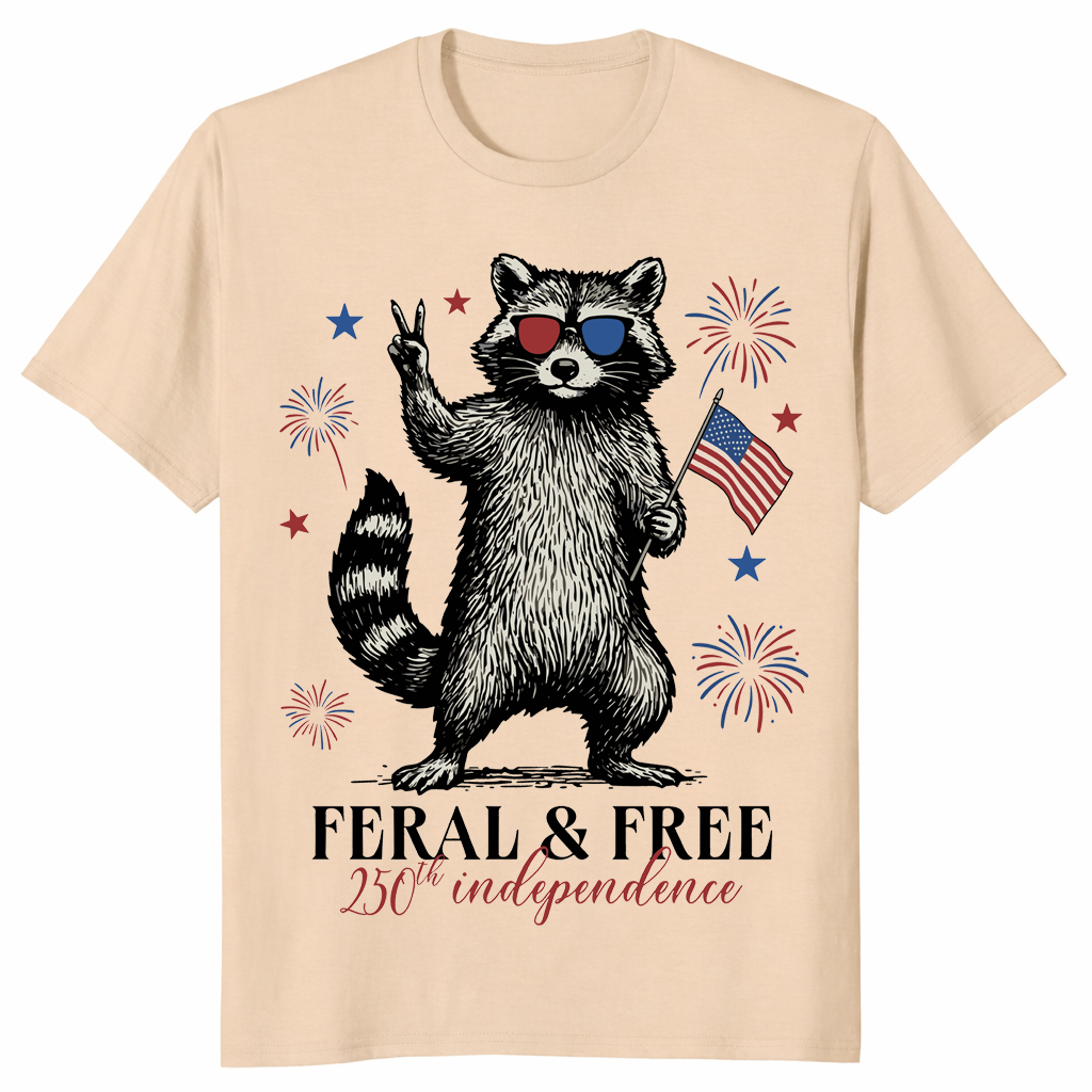 Funny 4th of July shirt with raccoon wearing patriotic glasses and holding American flag