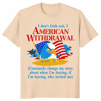 Close-up of funny patriotic American Withdrawal tee graphic with bold red white and blue text