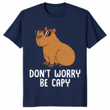 Funny capybara shirt featuring Don't Worry Be Capy text and cute animal design