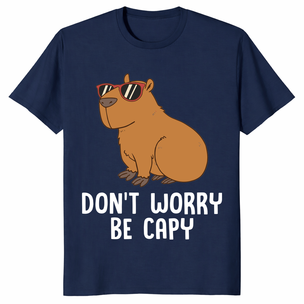 Funny capybara shirt featuring Don't Worry Be Capy text and cute animal design