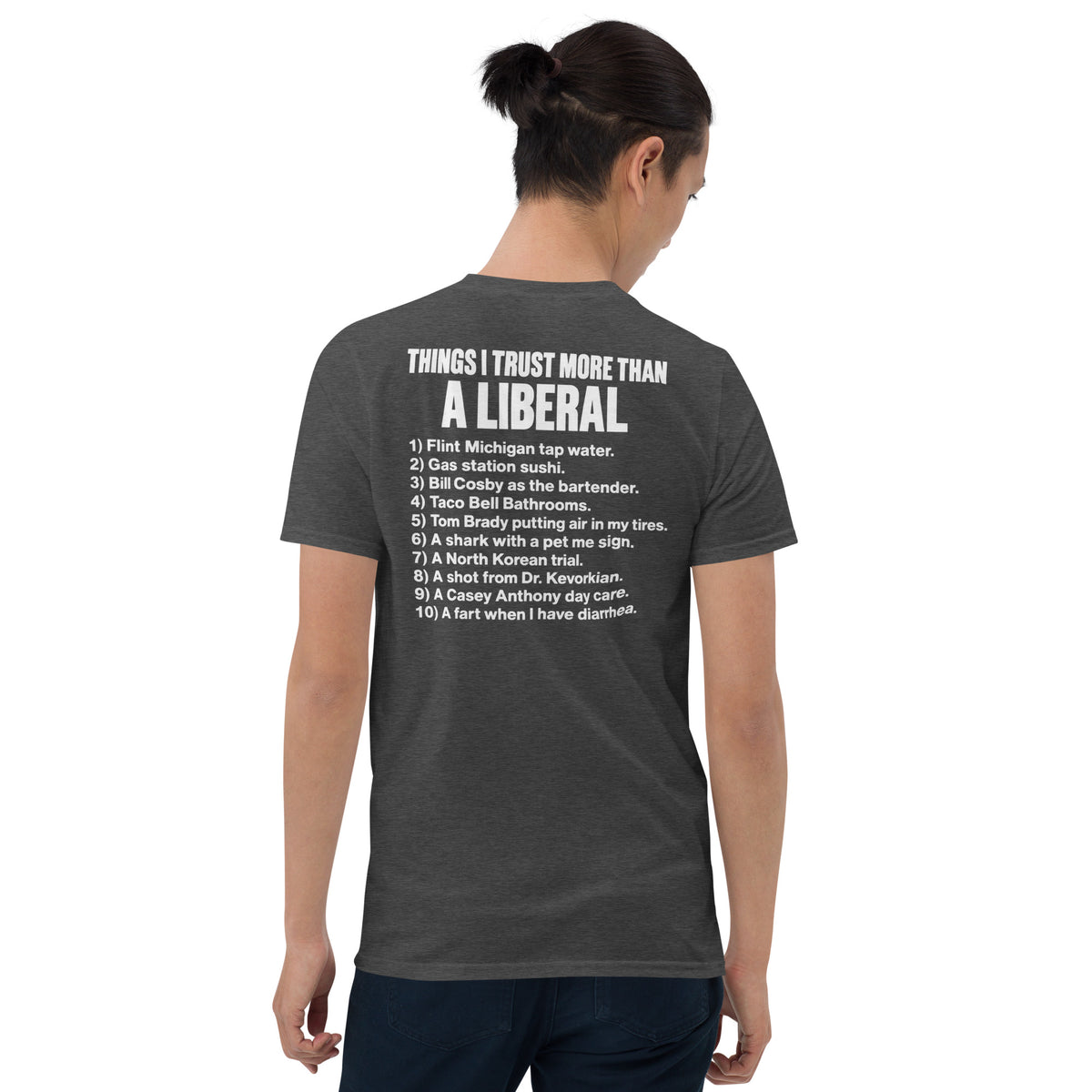 Funny conservative shirt in dark heather grey, list print political humor tee