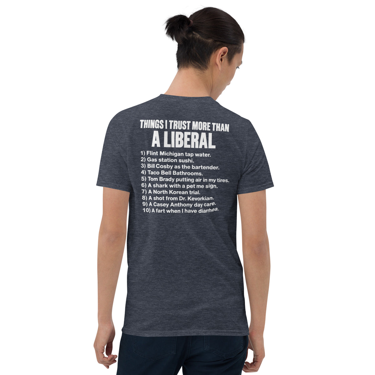 Funny conservative shirt in heather navy, list print political humor tee