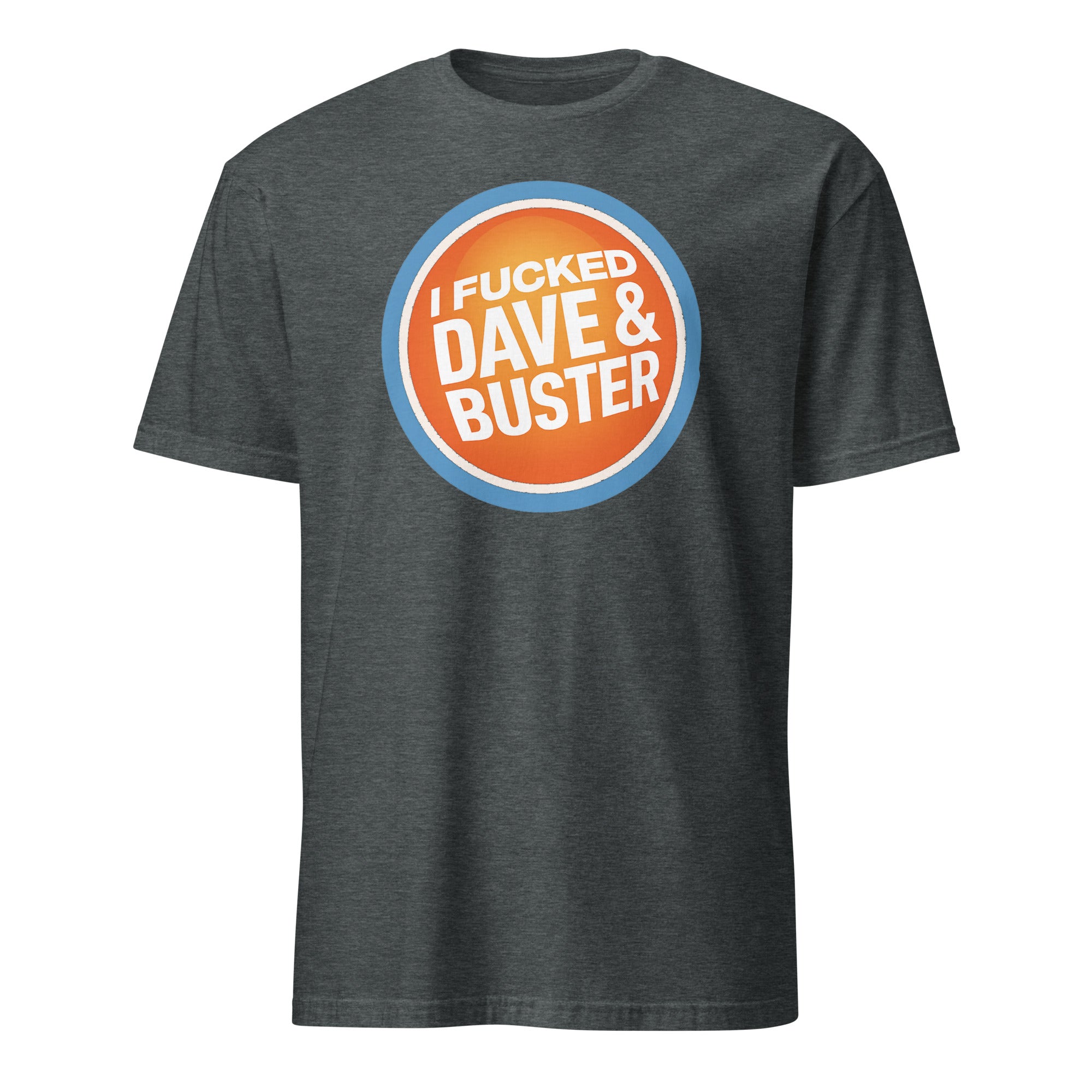 Funny Dave & Buster’s Adult Humor T-Shirt in dark heather grey by Cuccico, novelty offensive tee
