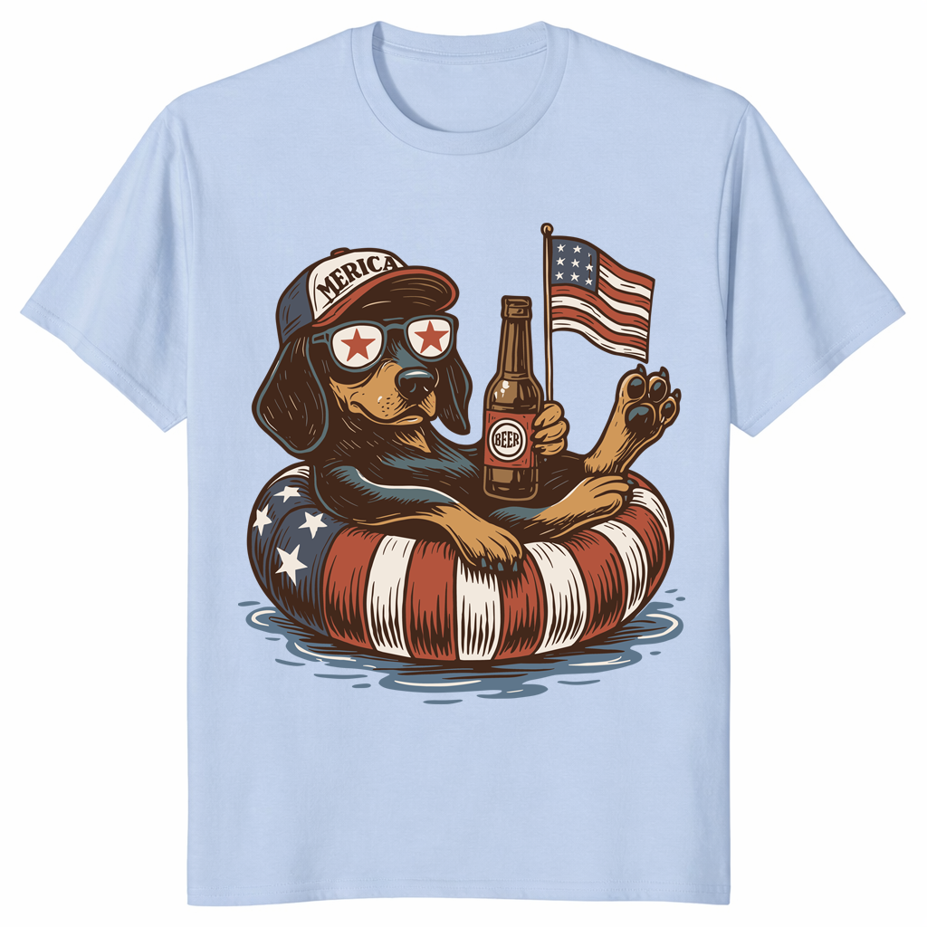 Funny doxie 4th of July shirt with red white and blue summer dog design