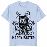 Close-up of funny Easter shirt with creepy rabbit graphic and Happy Easter text