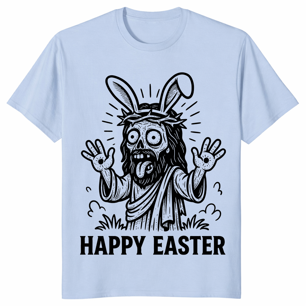 Close-up of funny Easter shirt with creepy rabbit graphic and Happy Easter text