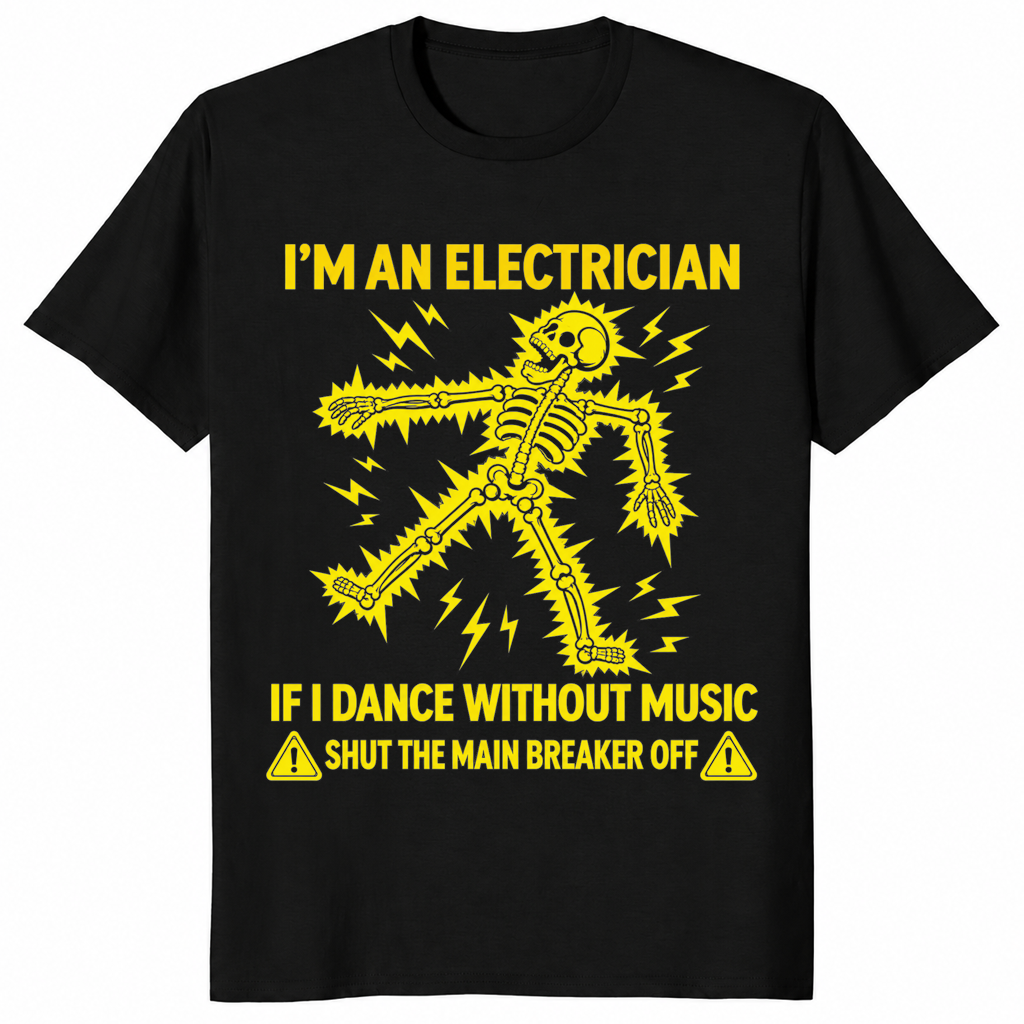 Funny electrician shirt in black with a yellow electrocuted skeleton and shut the main breaker off joke