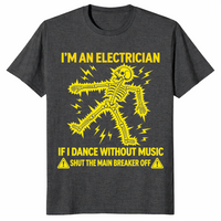 Funny electrician shirt in dark heather grey with a yellow electrocuted skeleton and shut the main breaker off joke