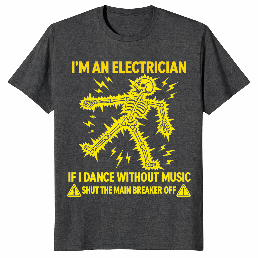 Funny electrician shirt in dark heather grey with a yellow electrocuted skeleton and shut the main breaker off joke