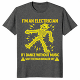 Funny electrician shirt in dark heather with a yellow electrocuted skeleton and shut the main breaker off joke