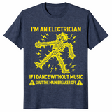 Funny electrician shirt in heather navy with a yellow electrocuted skeleton and shut the main breaker off joke