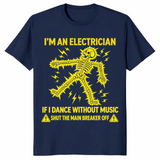 Funny electrician shirt in navy with a yellow electrocuted skeleton and shut the main breaker off joke
