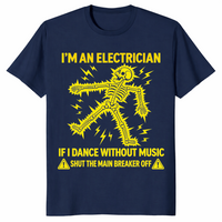 Funny electrician shirt in navy with a yellow electrocuted skeleton and shut the main breaker off joke