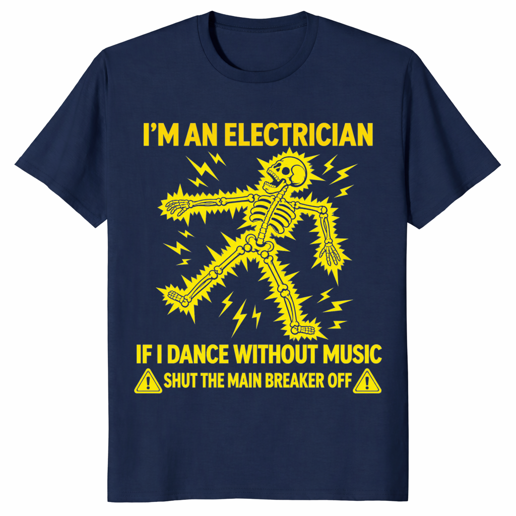 Funny electrician shirt in navy with a yellow electrocuted skeleton and shut the main breaker off joke