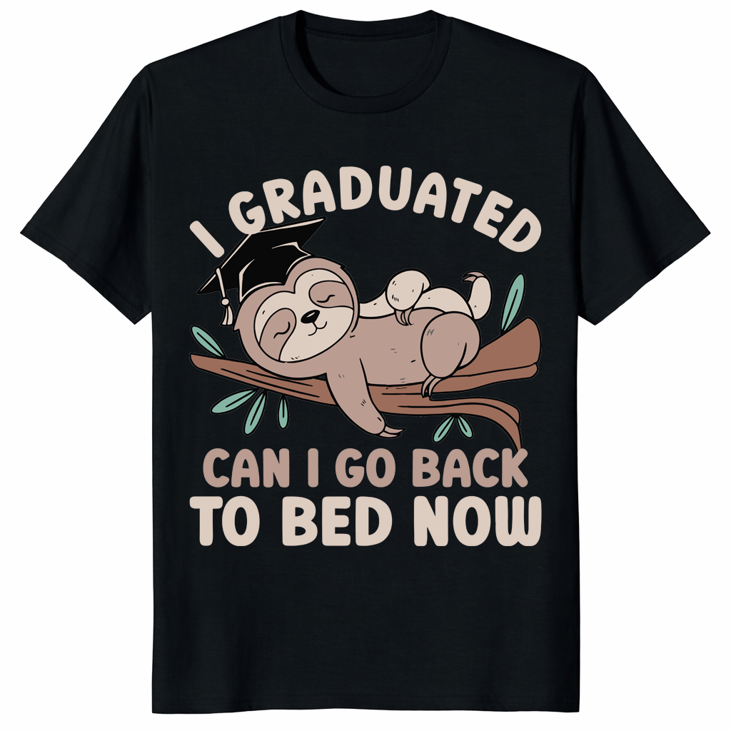 Funny graduation sloth shirt in black with I graduated can I go back to bed now graphic
