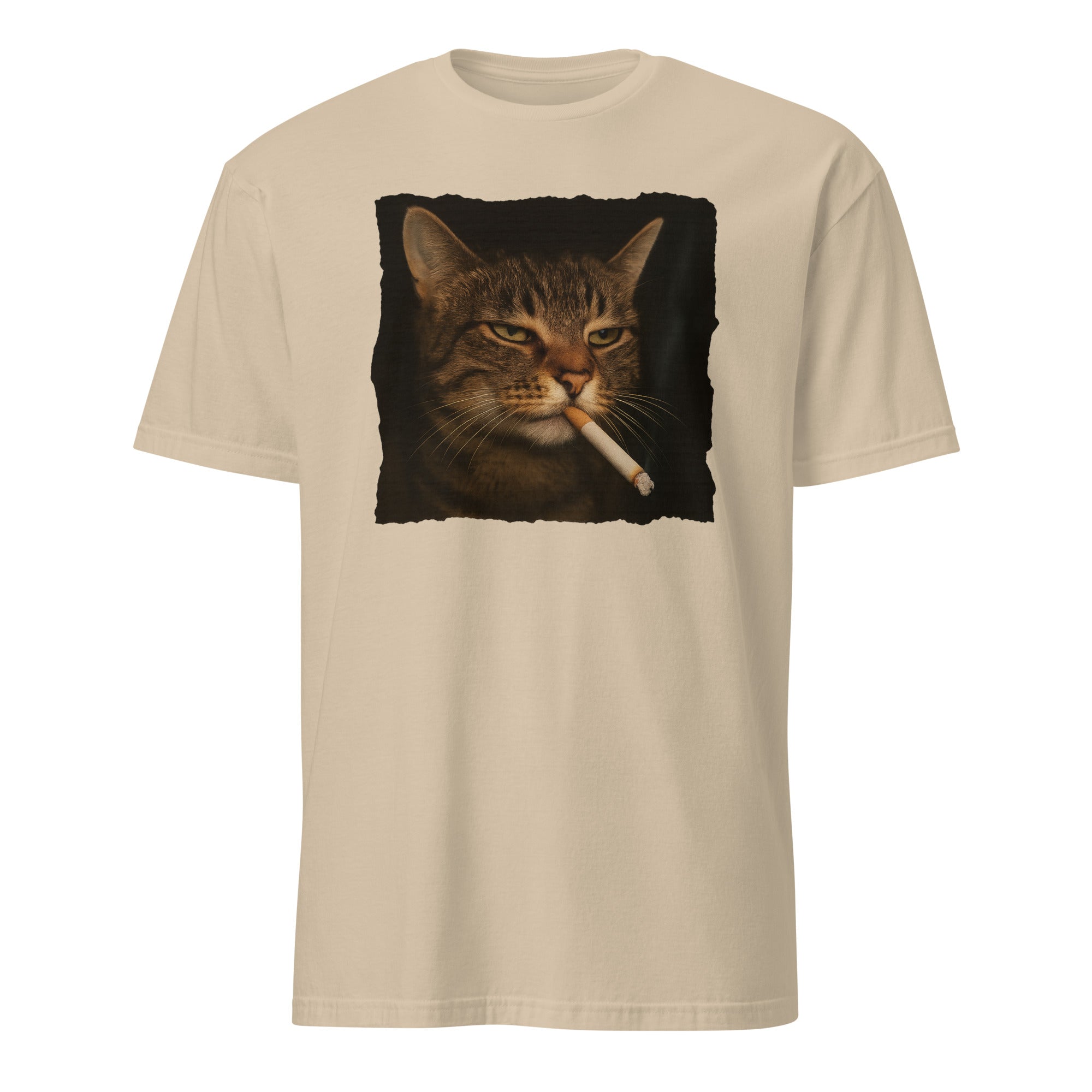 Funny Grumpy Smoking Cat with Cigarette T-Shirt in Sand by Cuccico
