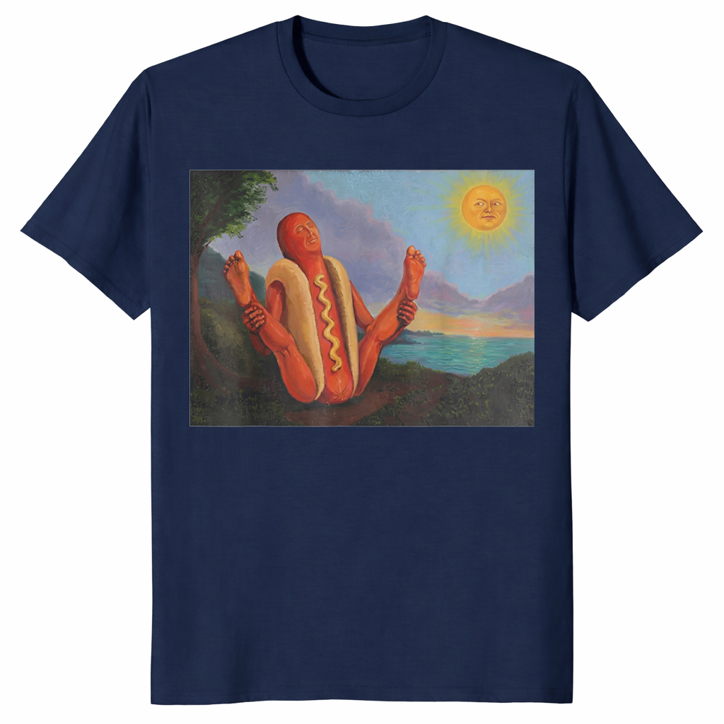 Funny hot dog yoga shirt in navy