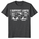 Close-up of I Support LGBTQ funny meme shirt graphic on black tee