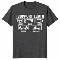 Close-up of I Support LGBTQ funny meme shirt graphic on black tee