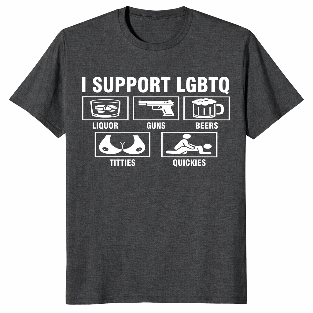 Close-up of I Support LGBTQ funny meme shirt graphic on black tee