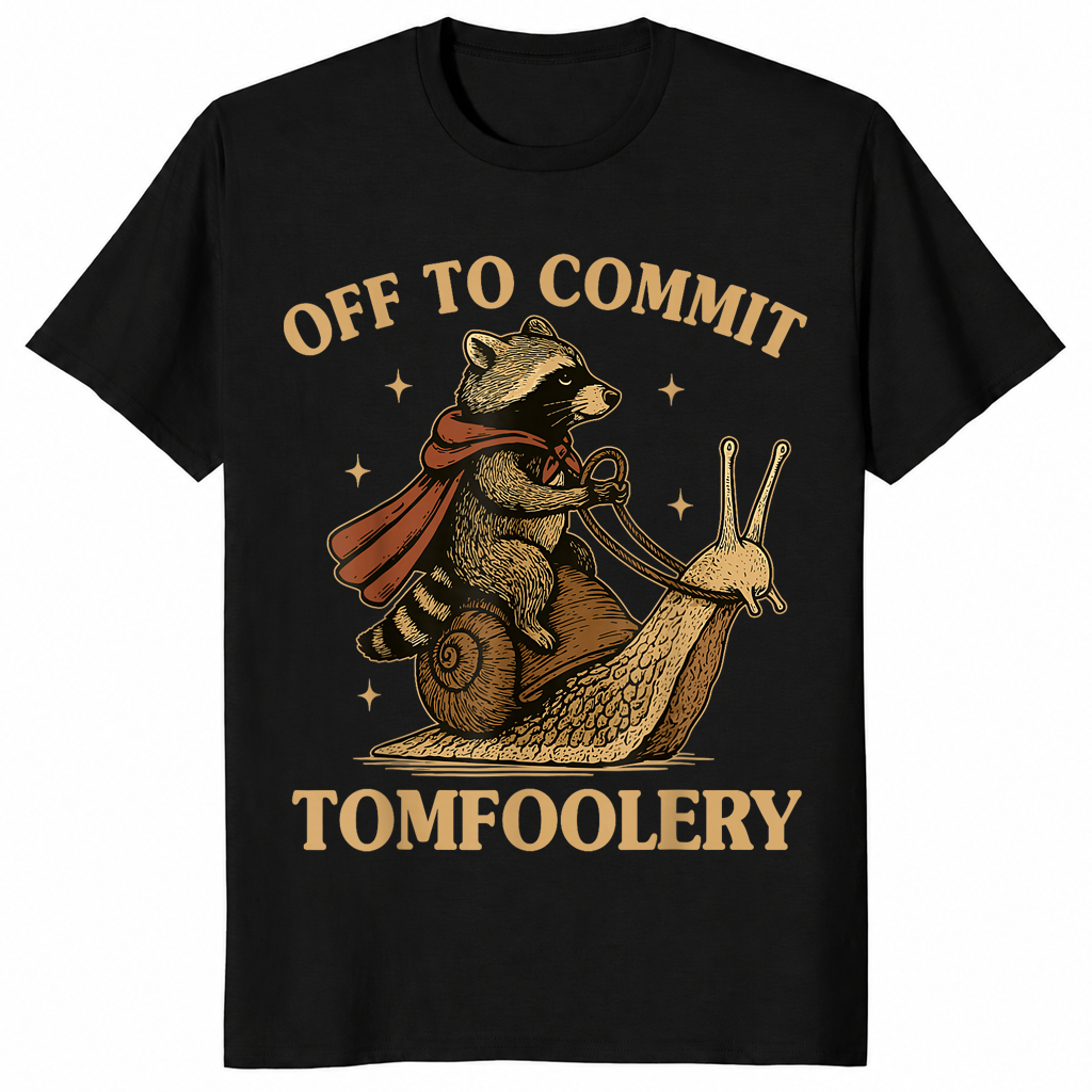 Funny raccoon meme shirt in black with a caped raccoon riding a snail, off to commit tomfoolery