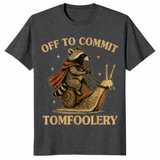 Funny raccoon meme shirt in dark heather grey with a caped raccoon riding a snail, off to commit tomfoolery
