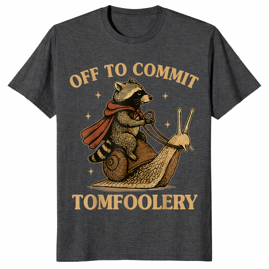 Funny raccoon meme shirt in dark heather grey with a caped raccoon riding a snail, off to commit tomfoolery