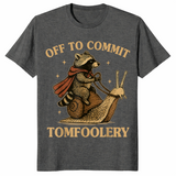 Funny raccoon meme shirt in dark heather with a caped raccoon riding a snail, off to commit tomfoolery